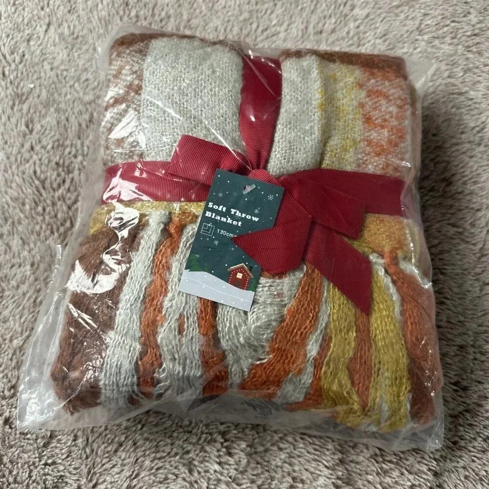 Orange Plaid Blanket Throw Acrylic Soft Reversible Dyed Fringed Bed Blanket f... - Picture 14 of 14